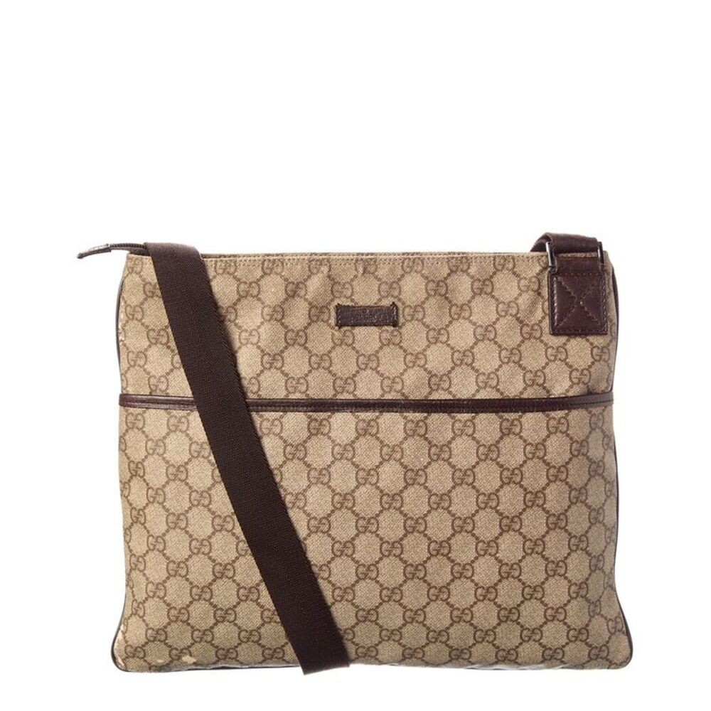 Gucci Beige Gg Supreme & Leather Signature Pocket Flat Messenger (Authentic